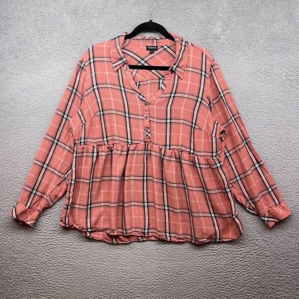 Torrid Womens Blouse Orange Plaid 1/2 Button Long Sleeve V-Neck Collared Size 2